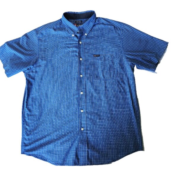 Chaps Shirt Men's Large Short Sleeve Button Up Blue Windowpane Easy Care - Picture 1 of 9